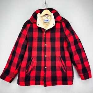 Vintage 70s Wool Hunting Jacket‎ Mens M Red Black Buffalo Plaid Sherpa Lined